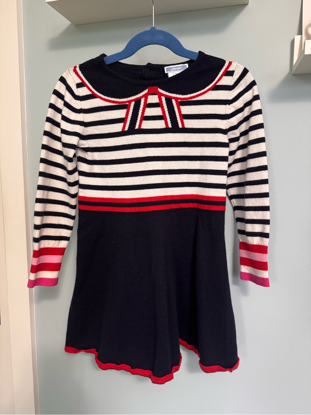Jacadi Navy, White & Red Striped Long Sleeve Knit Dress 6 Years Never Worn